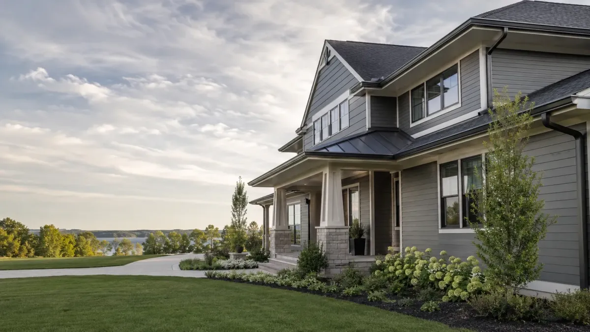 Premium Allendale Michigan home exterior showing detailed seamless gutter installation, clean fascia integration, and high-end residential finishes.