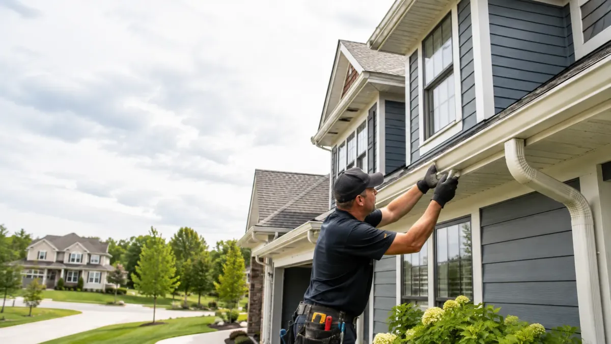 Technician installing a precisely aligned seamless aluminum gutter on an attractive Grand Rapids-area home.