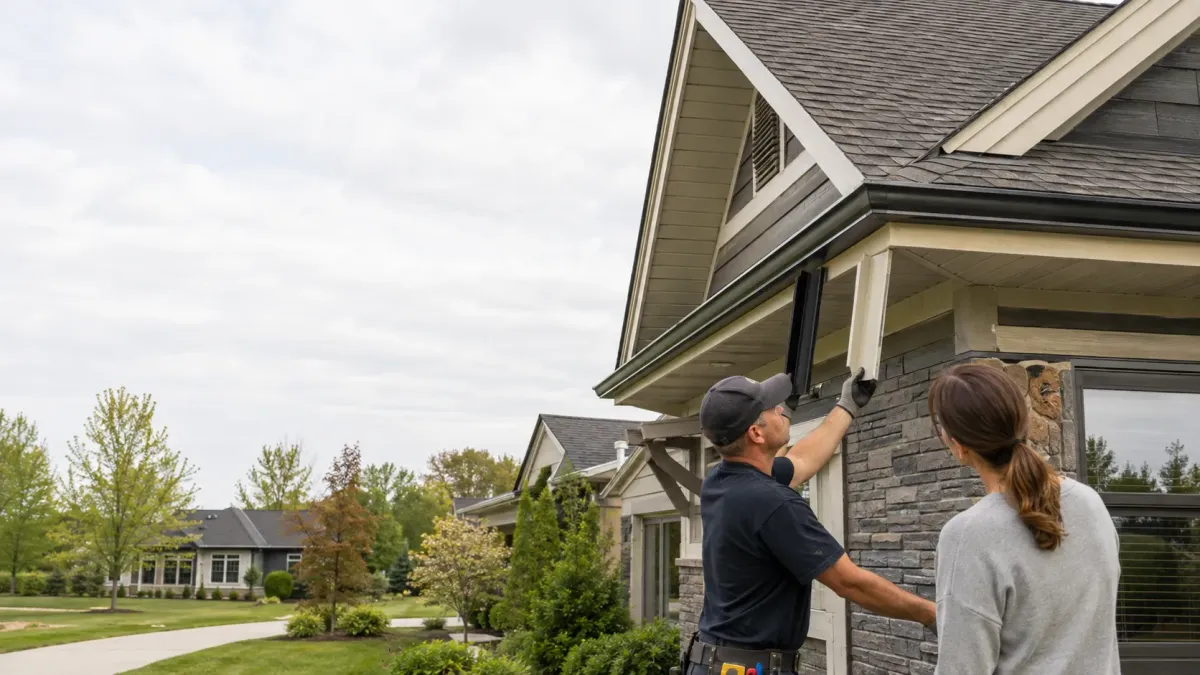 Gutter technician comparing gutter color and material options against the exterior of a West Michigan home.