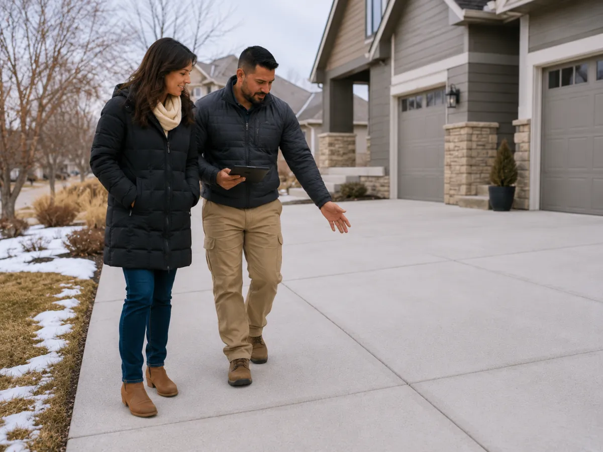 concrete company employee with customer for final walkthrough of repairs