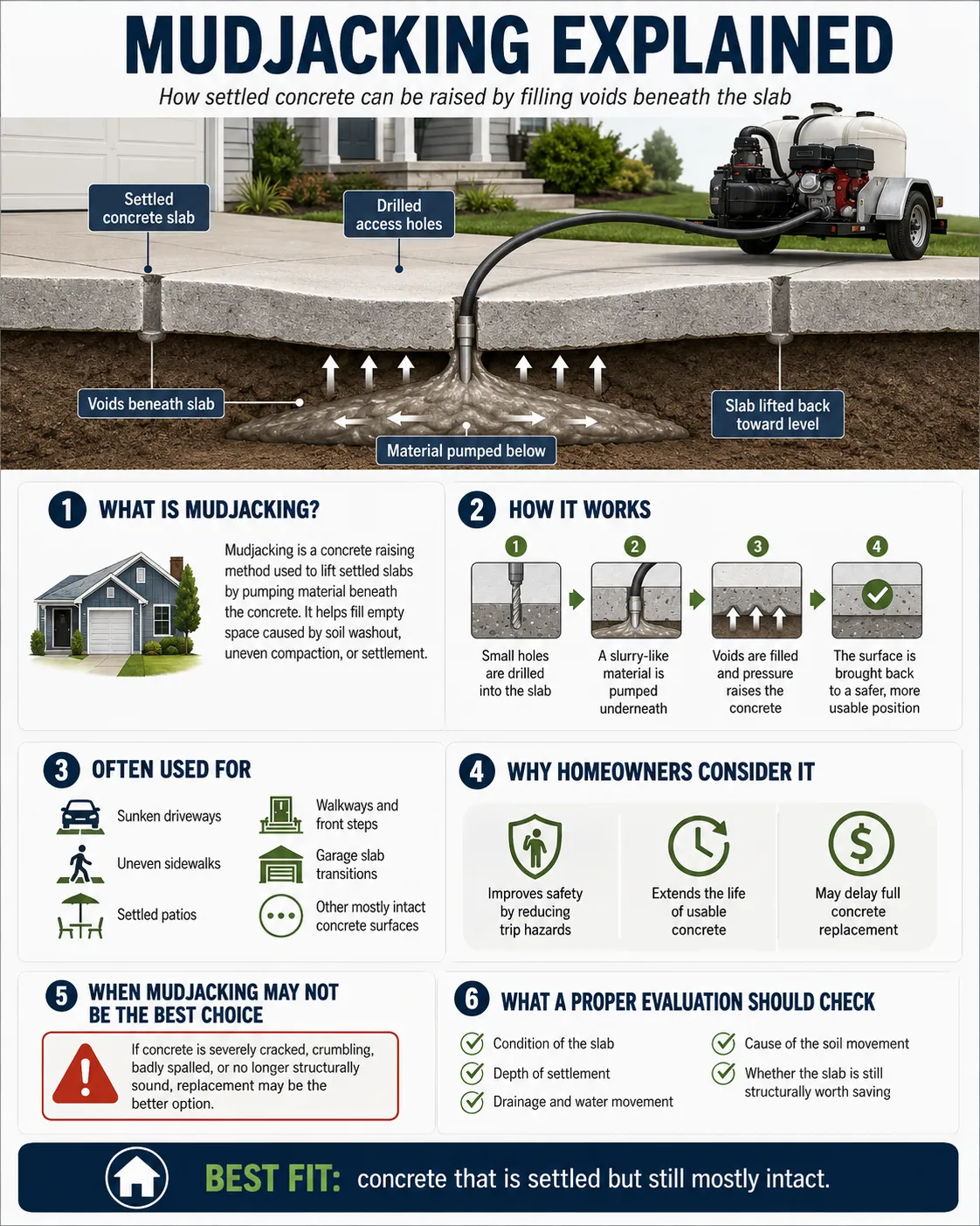 Mudjacking infographic showing how settled concrete slabs can be lifted by drilling access holes, pumping material beneath the slab, filling voids, and raising sunken concrete around driveways, sidewalks, patios, and garage entries.