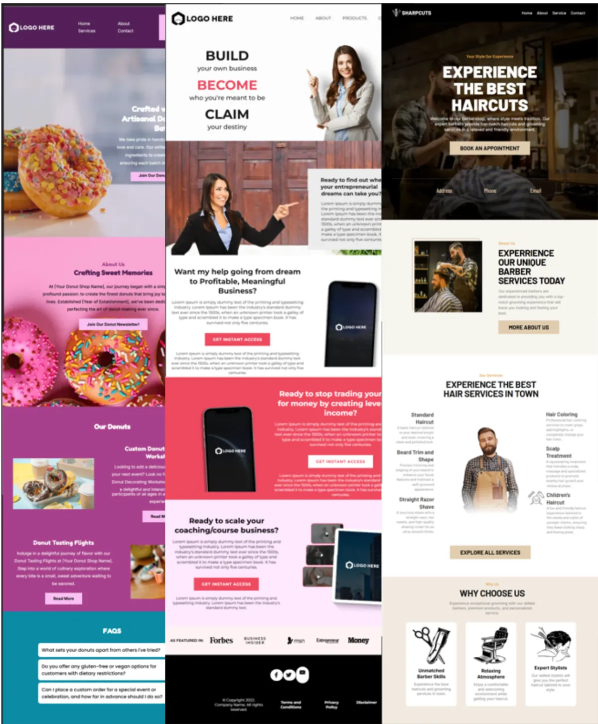 Pre-built website templates for small businesses, showcasing designs for restaurants, coaching, and salons created with an affordable drag and drop website builder.