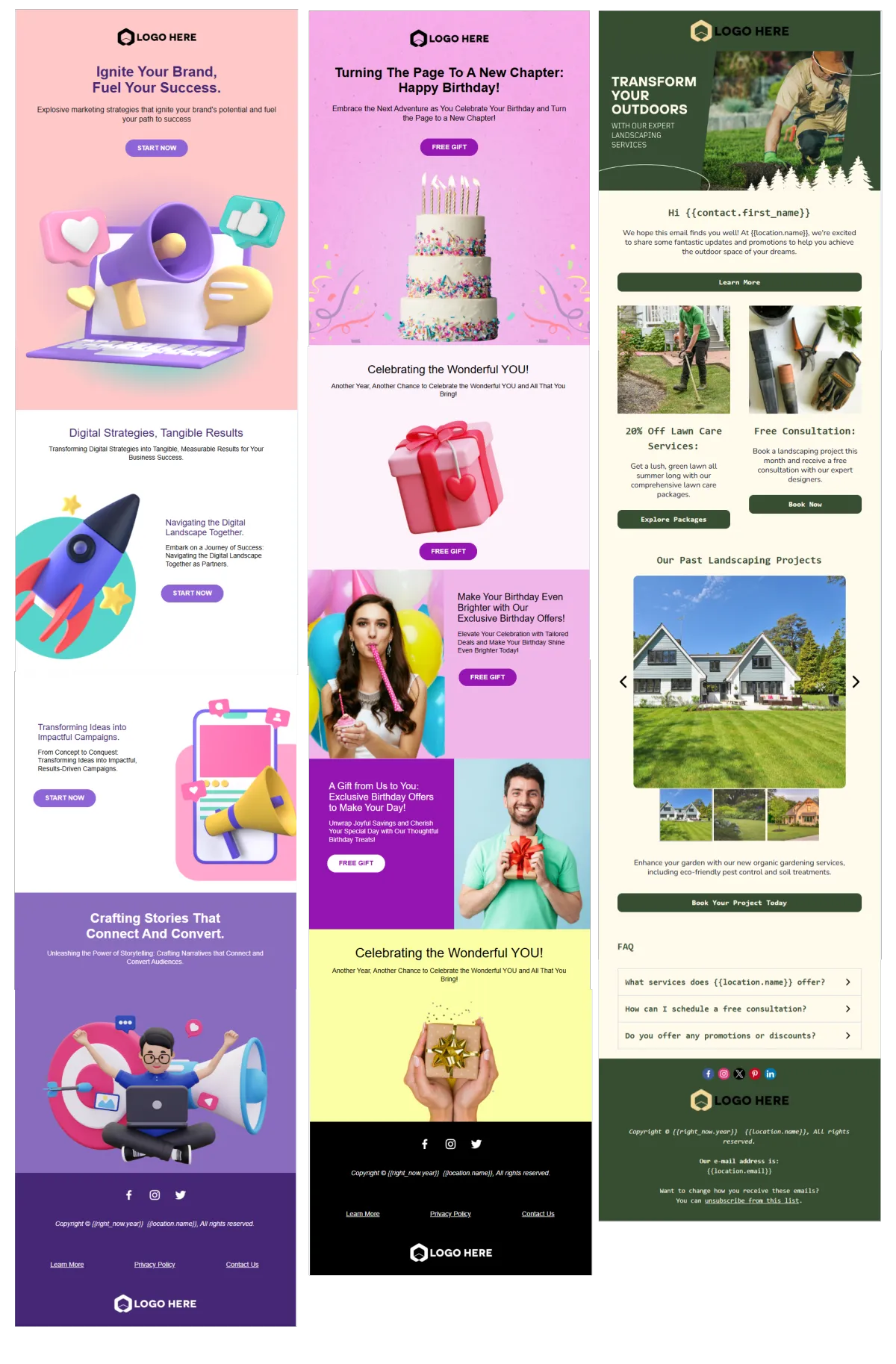 Showcase of prebuilt email templates available in WinChilla CRM and email marketing platform.