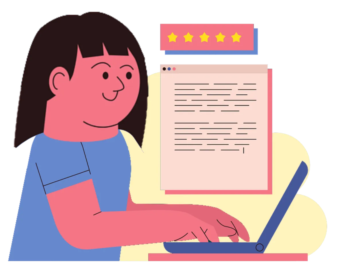 Customer leaving an online review on a laptop with five-star rating, representing reputation management software and review management tools.