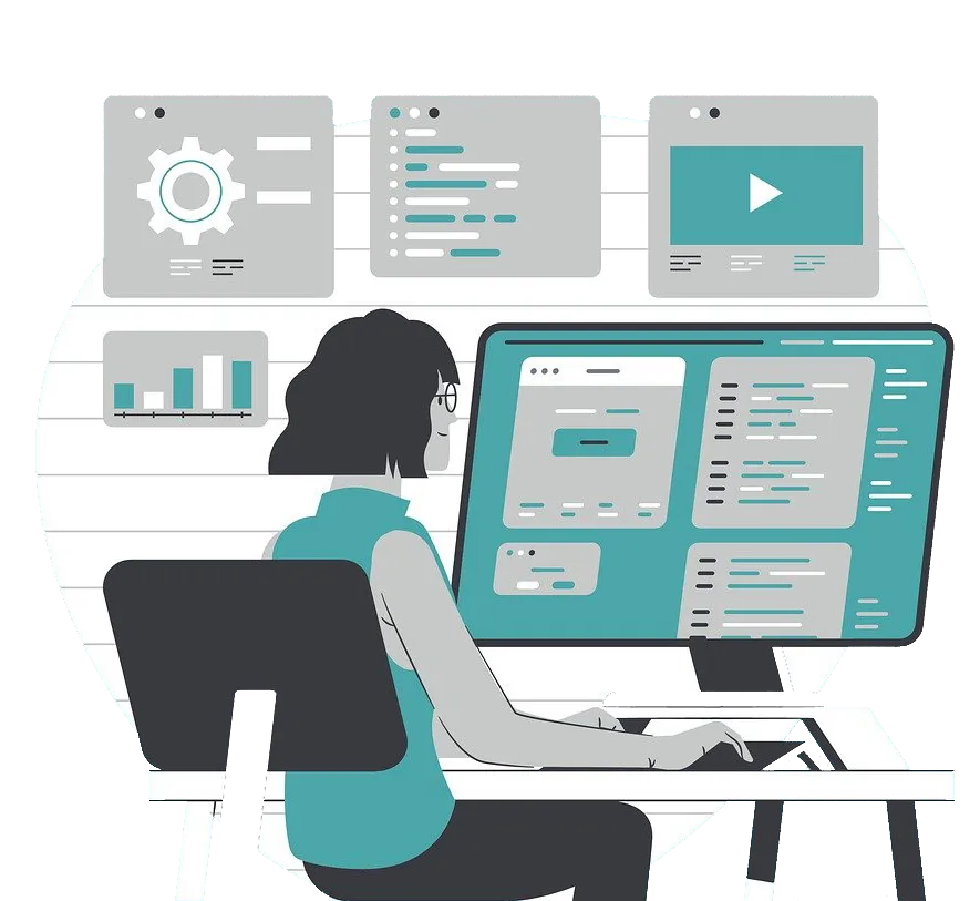 Illustration of marketer analyzing campaign performance with sales tracking software and CRM tools.