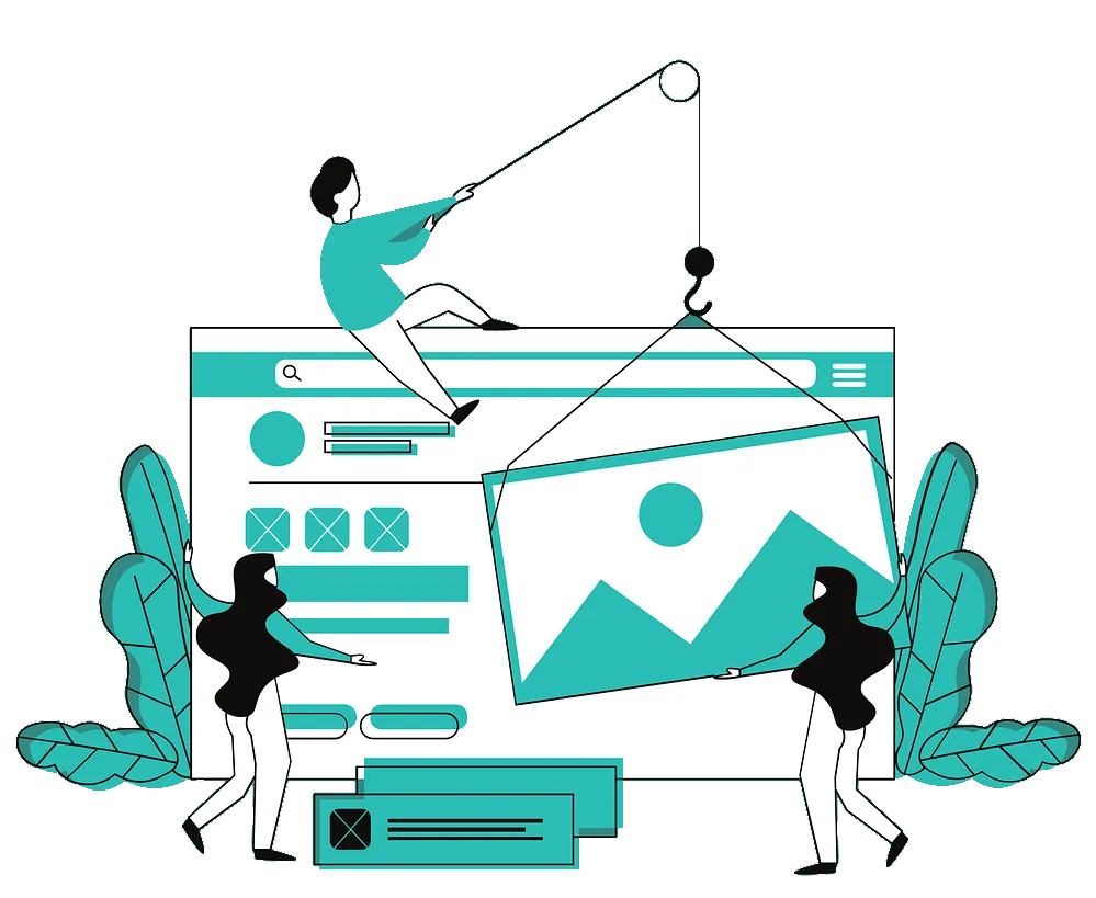 Illustration of people building a business website using a drag and drop website builder with templates, showcasing an affordable website design software for small businesses.
