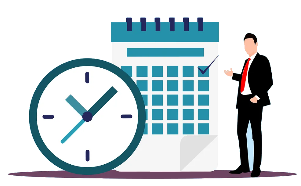 Business professional scheduling appointments with a calendar and clock, representing online booking and appointment integration for small business websites.