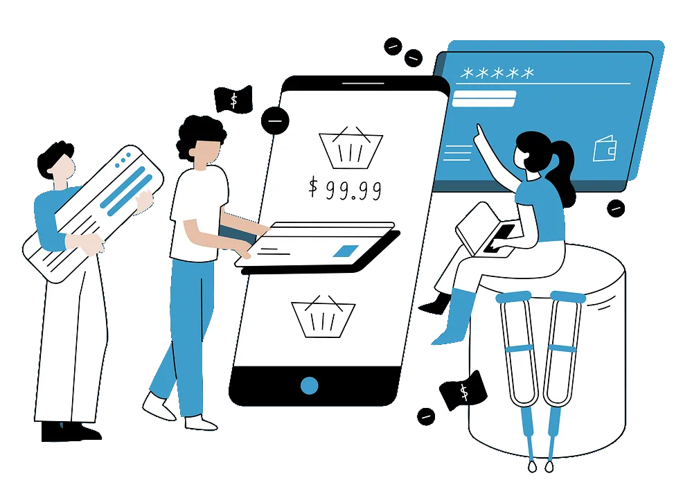 People shopping online with mobile checkout, secure payments, and e-commerce integration for small business websites.