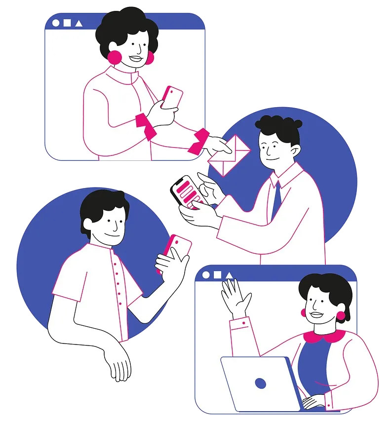 People using live chat and messaging tools on business websites, showcasing website chat widgets and customer communication features.