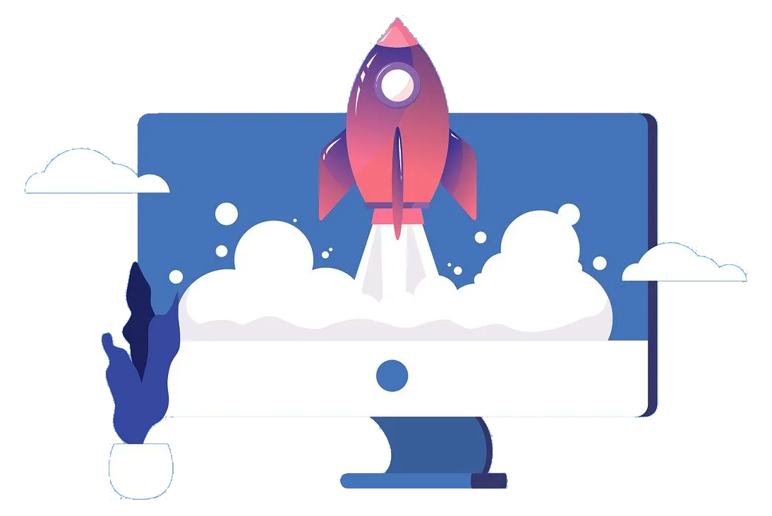 Rocket launching from a computer screen, symbolizing fast website performance and growth with the best website builder for small business.