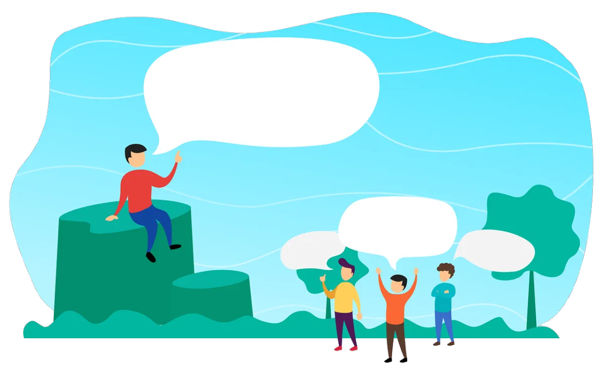 Illustration of people exchanging messages in large chat bubbles outdoors, representing website chat, business live chat, and customer service chat for better engagement.