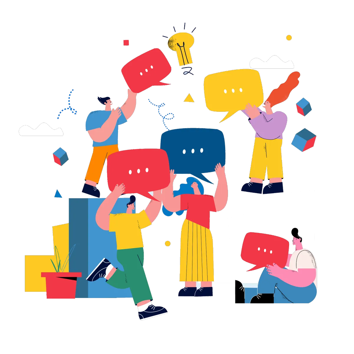 Illustration of people using a colorful web chat widget and business live chat bubbles to share ideas and connect online, representing website chat, business messaging, and customer service chat for improved engagement and lead generation.
