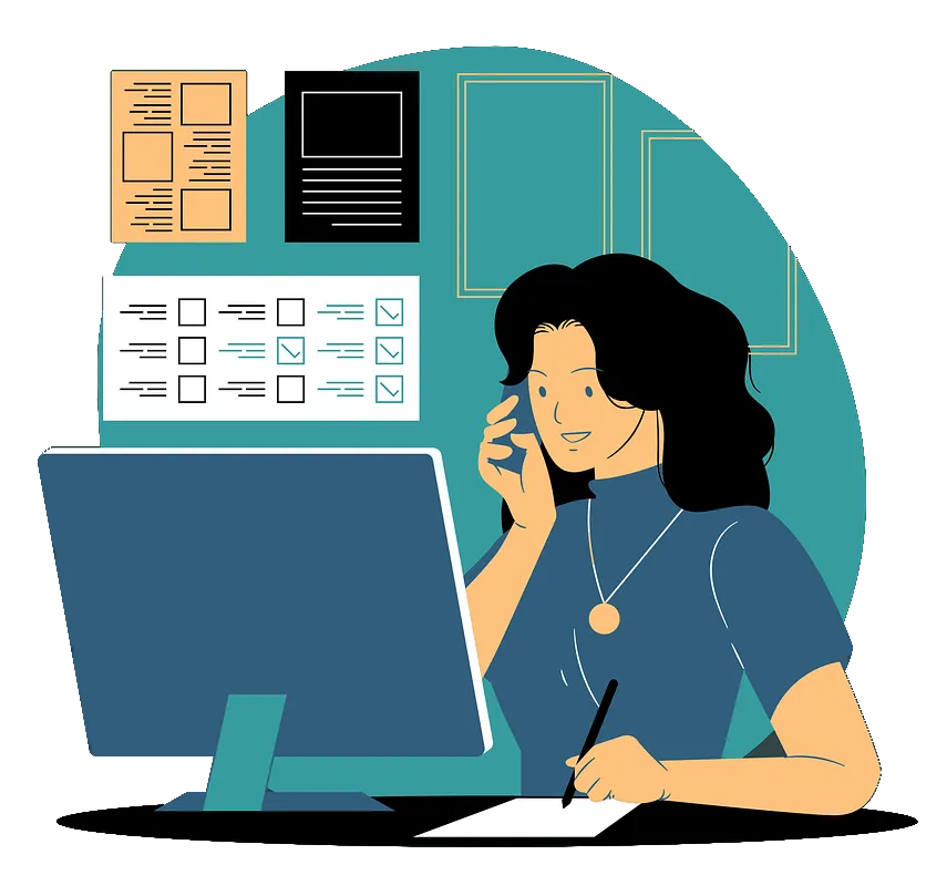 Illustration of a woman using business live chat on a computer, managing customer service chat and website chat interactions while taking notes for lead generation follow-up.