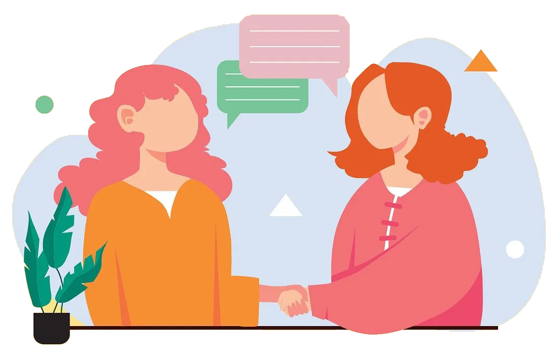 Illustration of two women shaking hands while chatting, symbolizing trust, customer engagement, and business chat through a web chat widget.