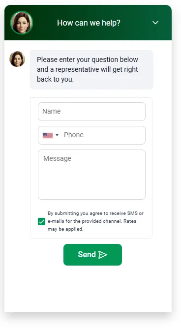 Screenshot of a web chat widget form asking for name, phone, and message, designed for customer service chat and business live chat lead capture.