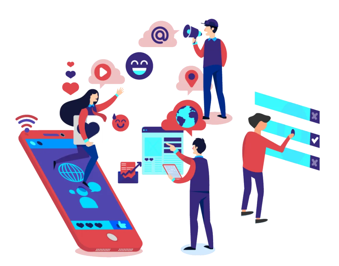 Team collaborating with social media assistant tools on mobile and desktop, managing posts, engagement, and analytics using affordable social media management and content calendar features.