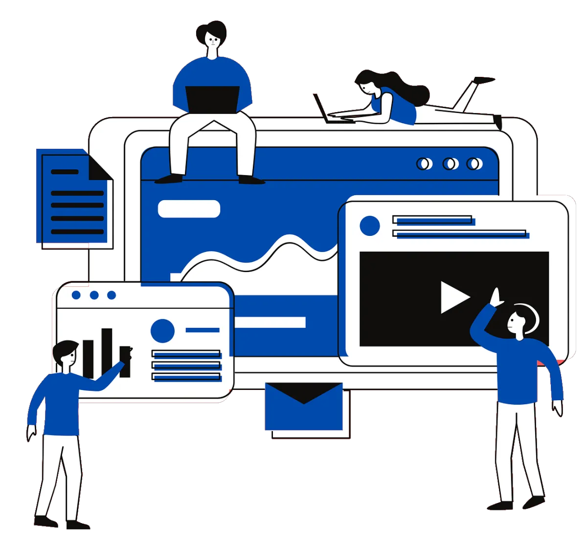 Team collaborating with social media management tools, using analytics dashboards, content calendar, and social media planner features on laptops and devices.