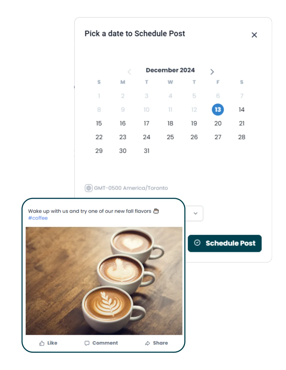 Scheduling a social media post with content calendar tools, showing a coffee shop post example using social media scheduling tools and automation.