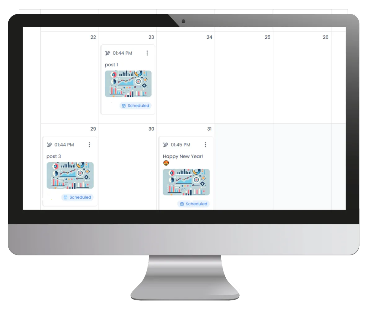 Social media content calendar on desktop screen showing scheduled posts with social media scheduling tools and planner features.