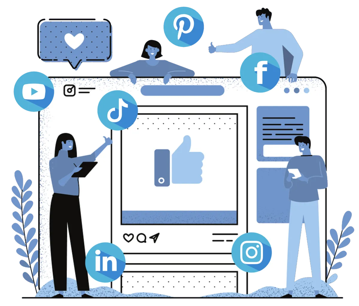 Team managing multiple social media platforms like Facebook, Instagram, LinkedIn, TikTok, Pinterest, and YouTube using social media marketing tools and social media content planner.