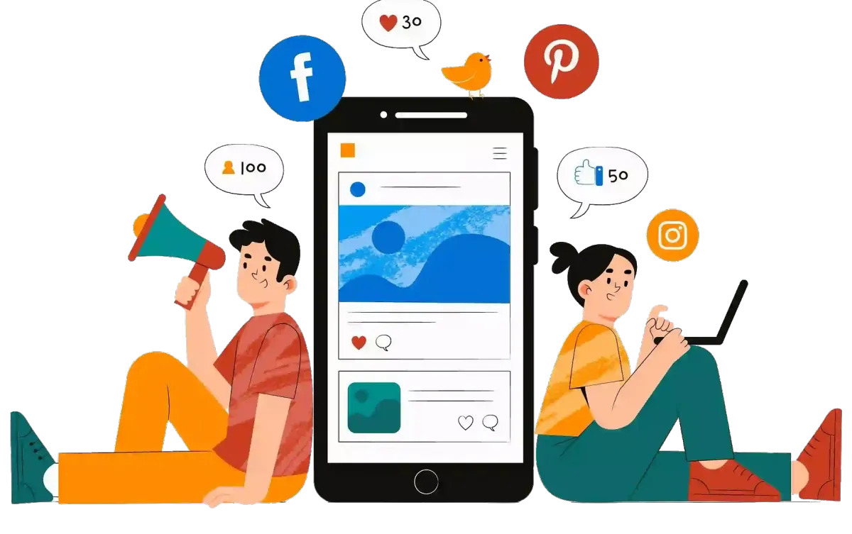 Users managing Facebook, Instagram, and Pinterest engagement on mobile with social media assistant and affordable social media management tools.
