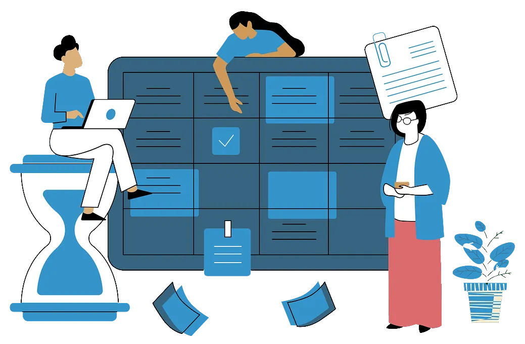 Illustration of team using appointment booking system with calendar management, scheduling software, and booking app tools for small business.
