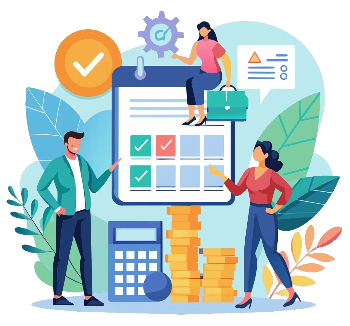 Illustration of people using appointment booking system with scheduling software, calendar management, and revenue tracking for small business.
