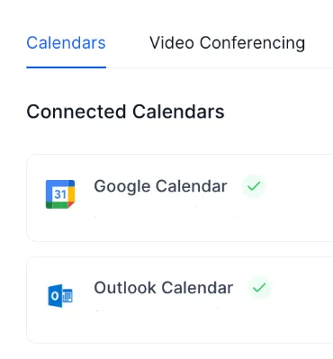 Connected calendars showing Google Calendar and Outlook Calendar synced with online booking system and scheduling software.