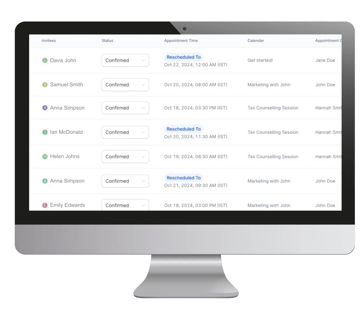 Computer screen displaying appointment booking system with confirmed meetings, rescheduling options, and calendar management for small business.