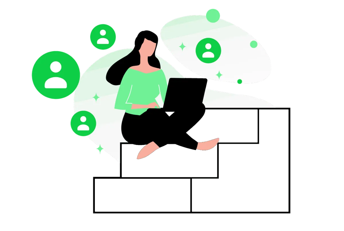 Illustration of woman using laptop with customer icons, representing online booking system, scheduling software, and client management.