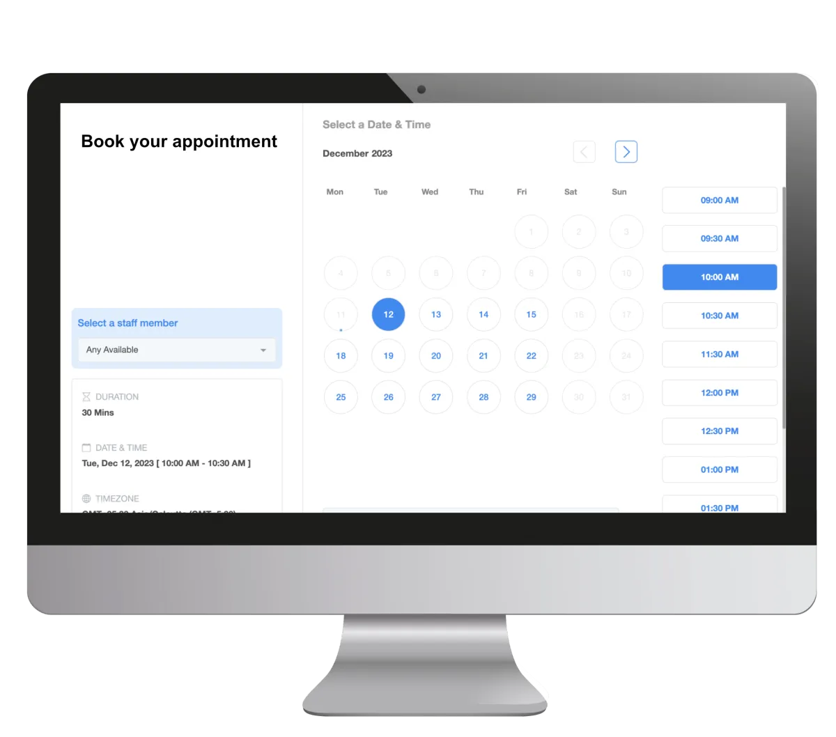 Computer screen showing online booking system with calendar management and appointment scheduling software for small business.