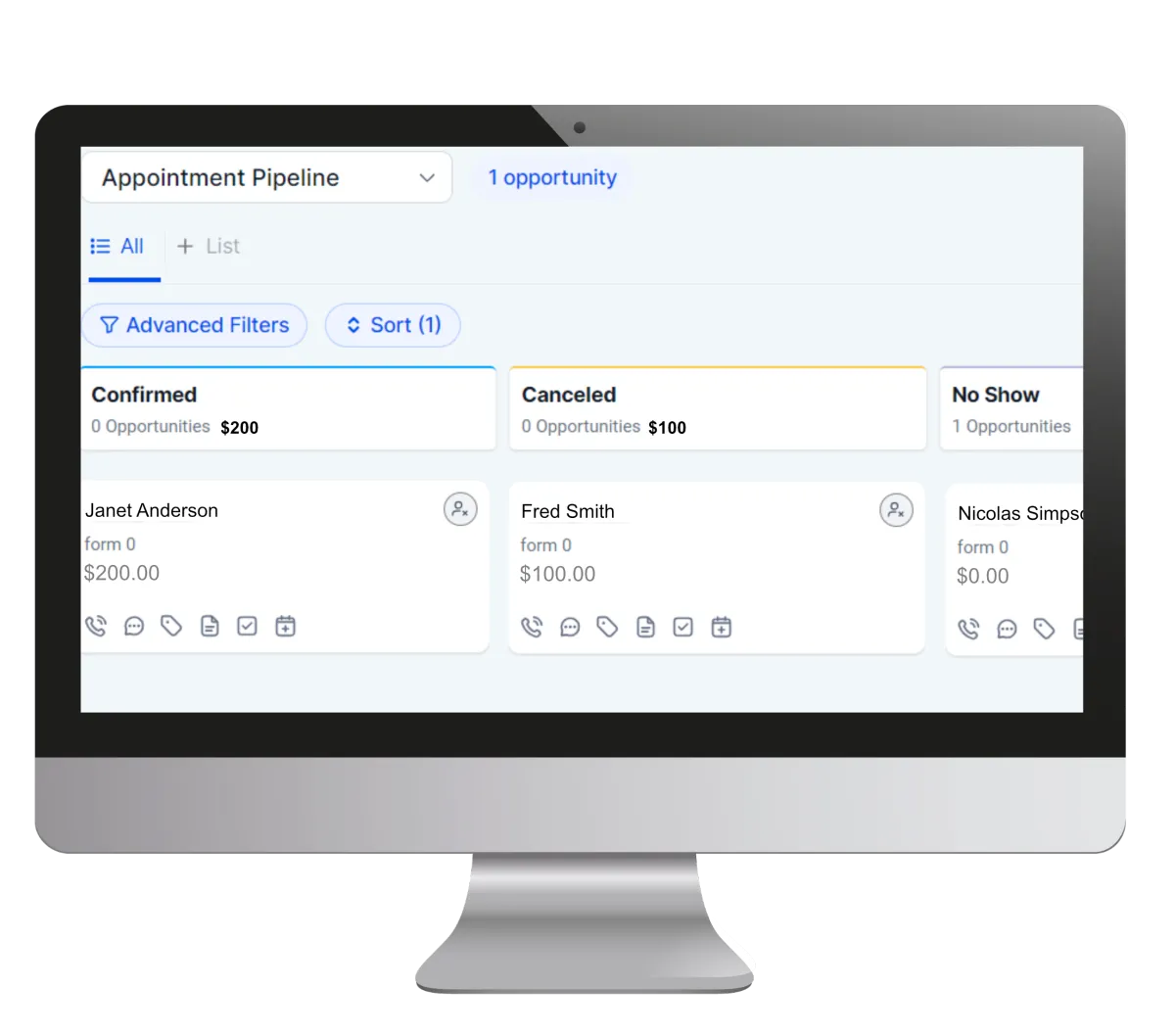 Computer screen showing sales pipeline CRM with appointment pipeline stages for lead management, including confirmed, canceled, and no-show opportunities.