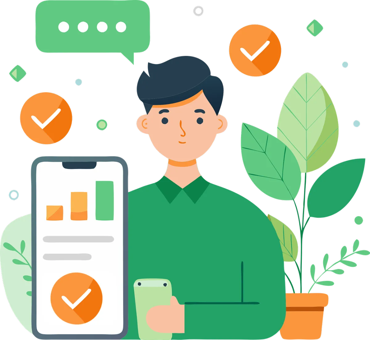 Illustration of a salesperson using pipeline CRM on a smartphone, showing sales pipeline analytics, lead pipeline progress, and customer journey management.