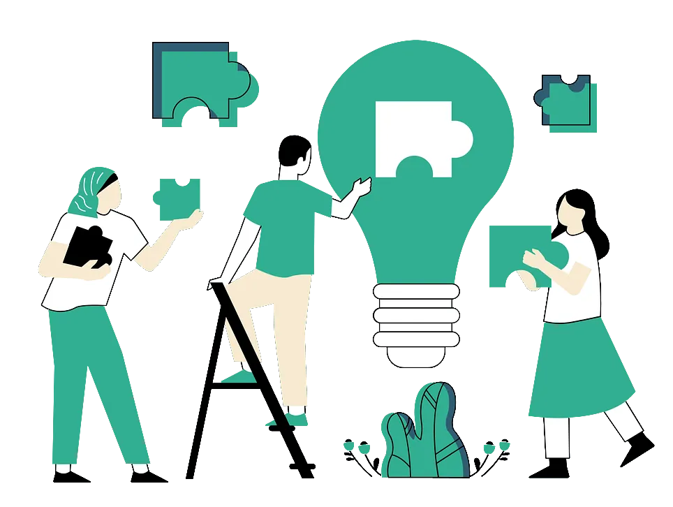 Team collaboration illustration with people assembling puzzle pieces into a lightbulb, symbolizing sales pipeline management, customer journey strategies, and lead management solutions.