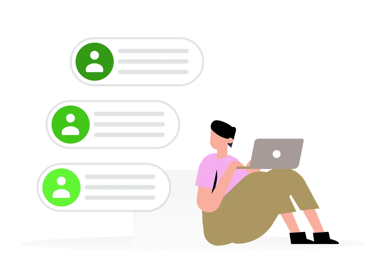Illustration of a person using lead management software on a laptop with customer profiles, representing sales pipeline CRM and opportunity tracking.