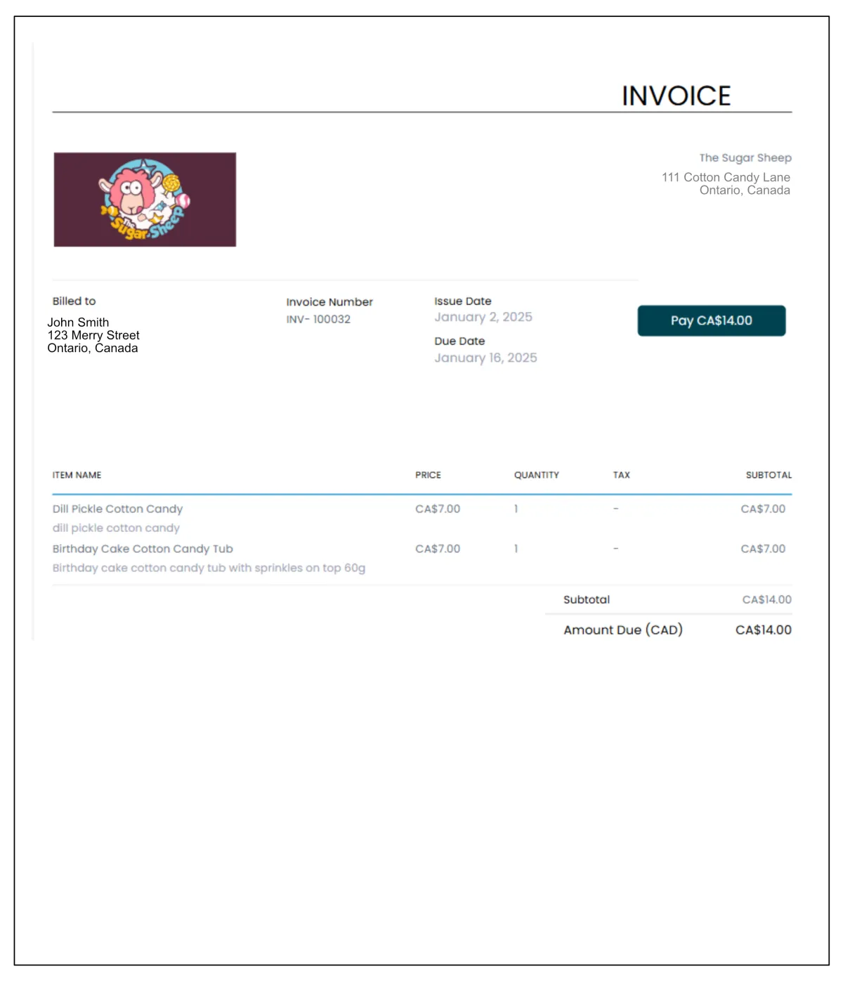 Sample online invoice showing branded invoice and estimate software with payment button, itemized billing, and credit card payment processing integration.