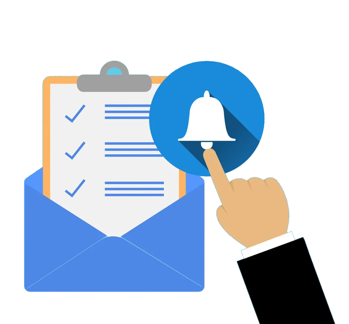 Automated invoice reminders and payment notifications icon showing checklist, envelope, and alert bell for invoicing software.