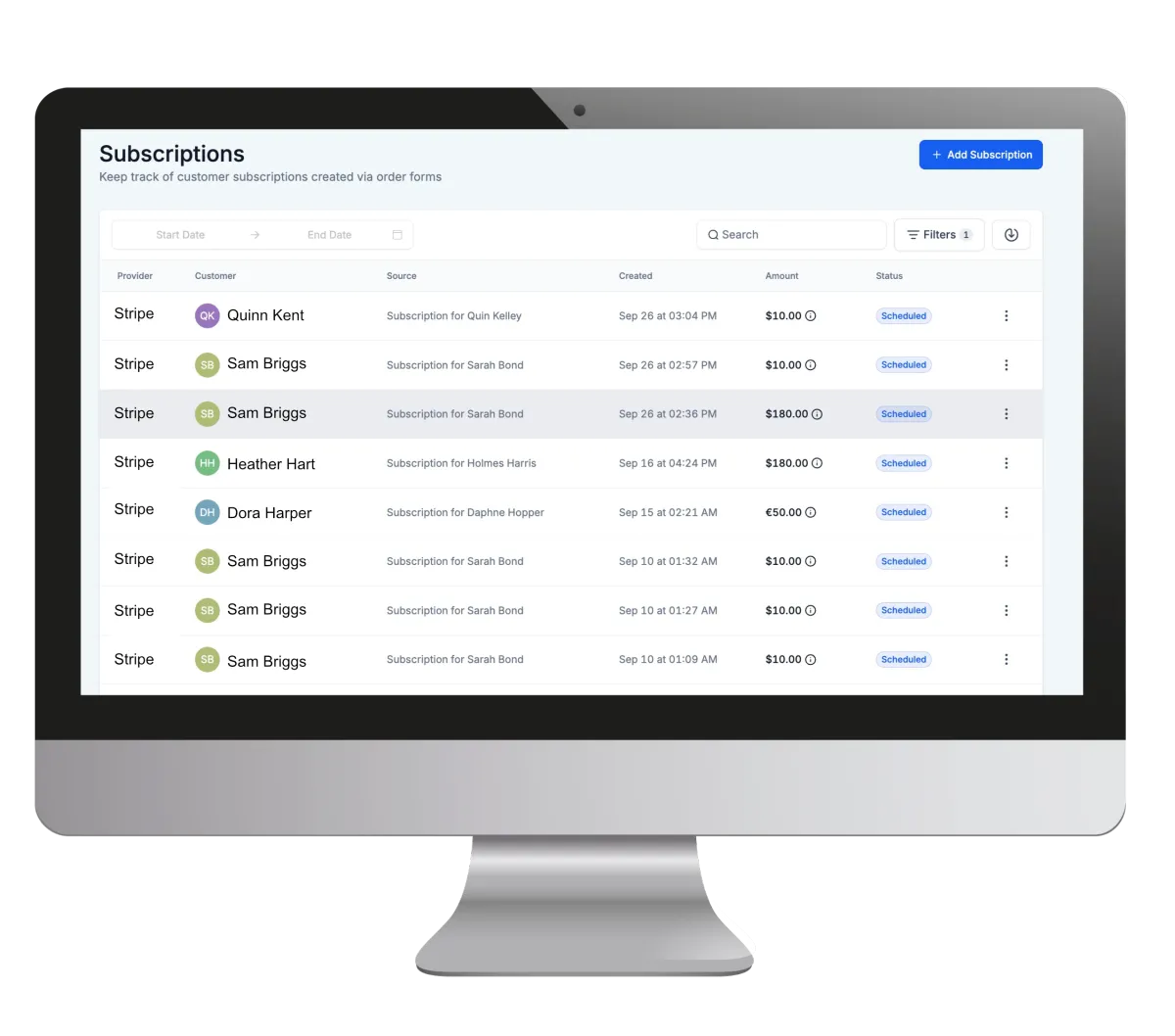 Subscription management dashboard with recurring billing and automated payment processing for small business.