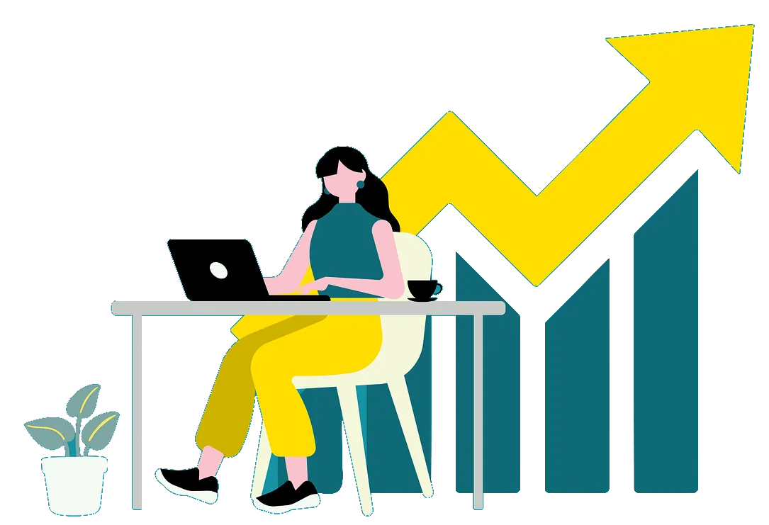 Business owner using invoicing and payment processing software on laptop with rising growth chart arrow symbolizing faster payments and cash flow.