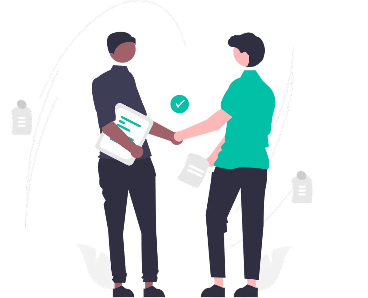 Two professionals shaking hands after approving a business proposal with digital signature, representing proposal software, sales quotes, and estimate management in a CRM system.