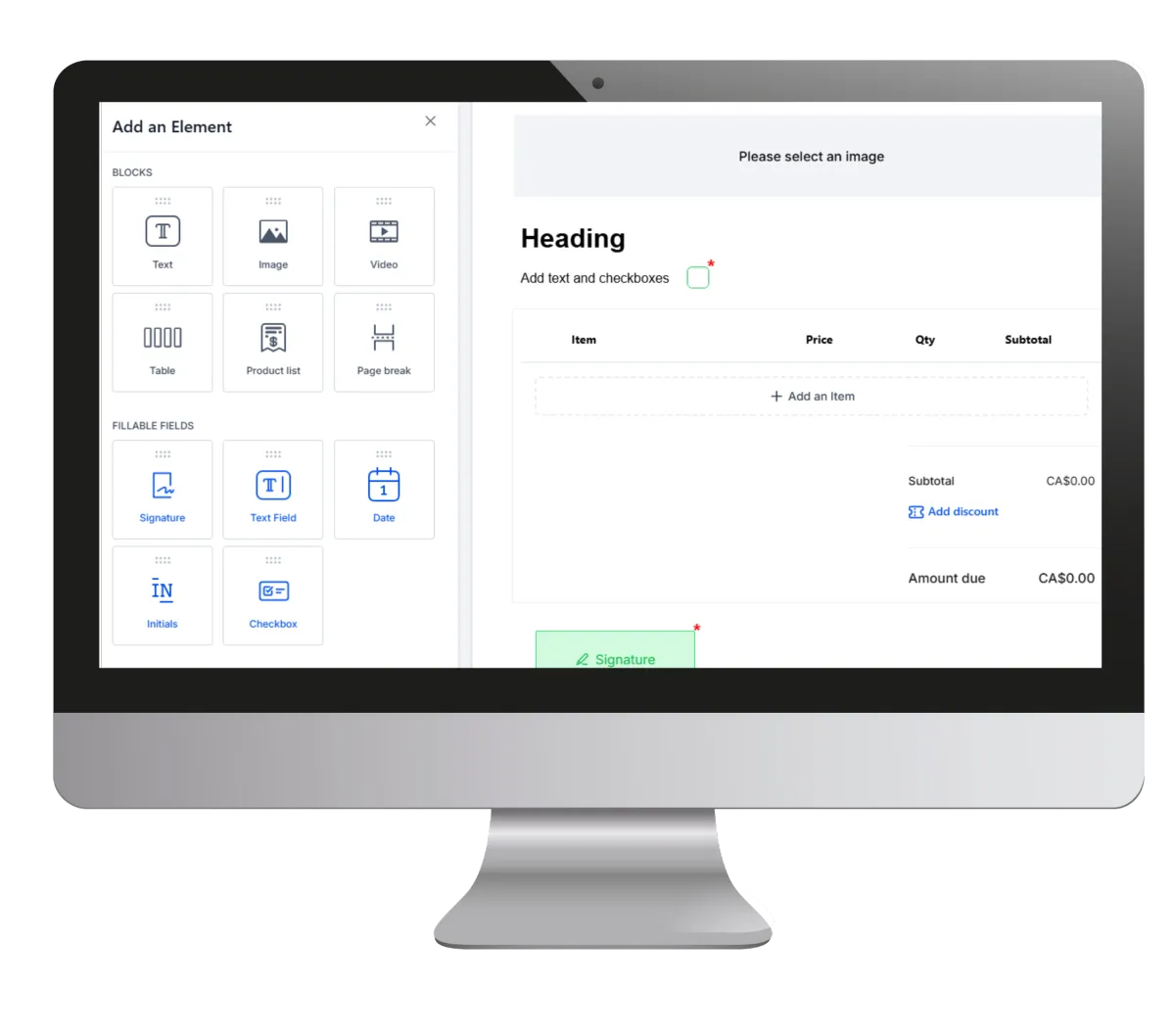 Computer screen showing proposal software with drag-and-drop editor for business proposals, sales quotes, estimate templates, and digital signature fields.