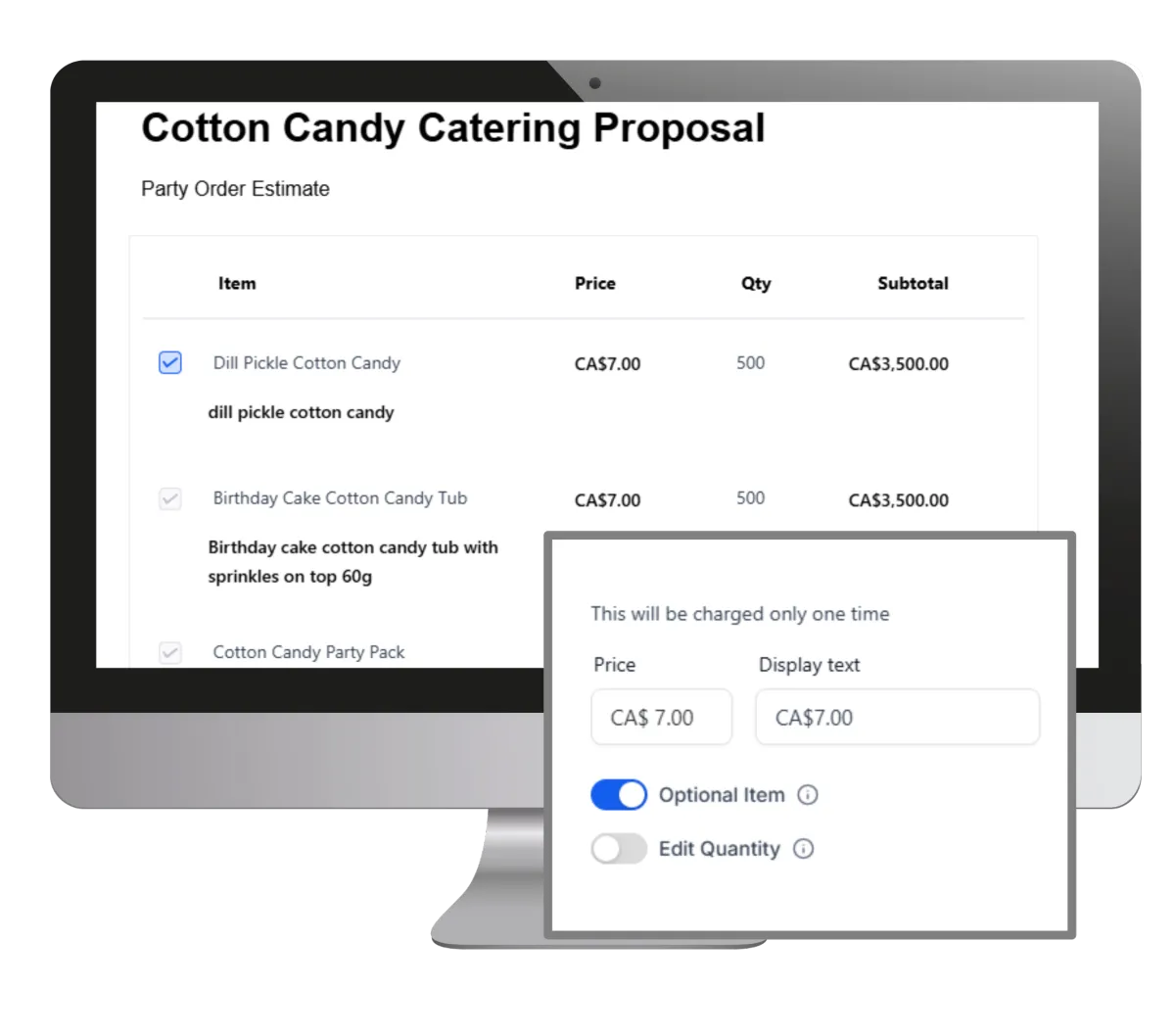 Proposal software screen showing a catering business proposal with itemized sales quotes, optional add-ons, quantity edits, and automated estimate templates.