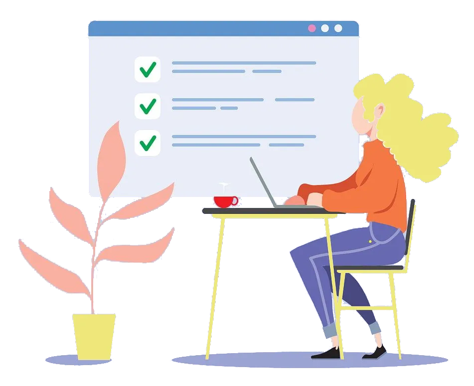 Woman using proposal management software on laptop to track business proposals, sales quotes, and estimate templates with completed checklists.