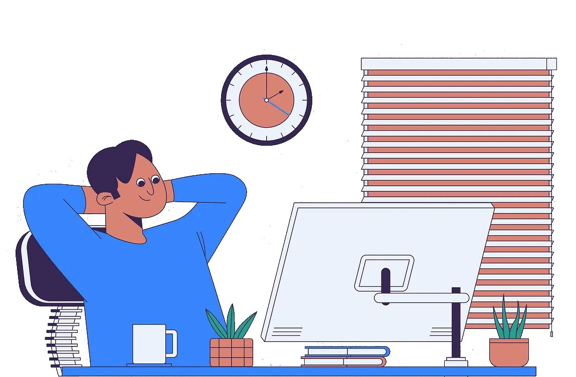 Business professional relaxing at desk after sending proposals and sales quotes with automated estimate templates and digital signature approval in CRM software.
