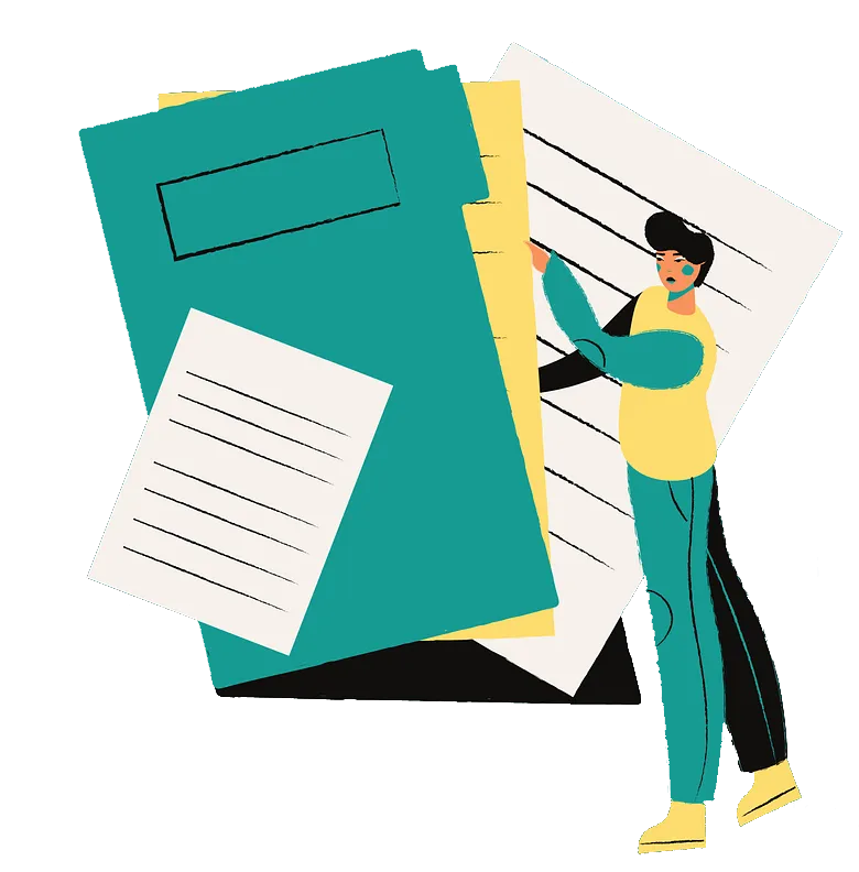 Person organizing business proposals and estimate templates, representing proposal management and sales quote automation in CRM software.