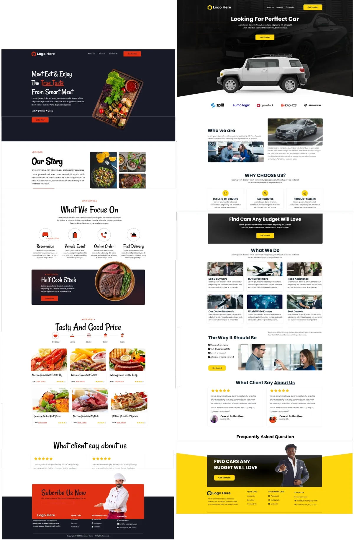 Website templates for sales funnels and landing page design, including food business and car dealer funnel examples for lead generation and conversions.