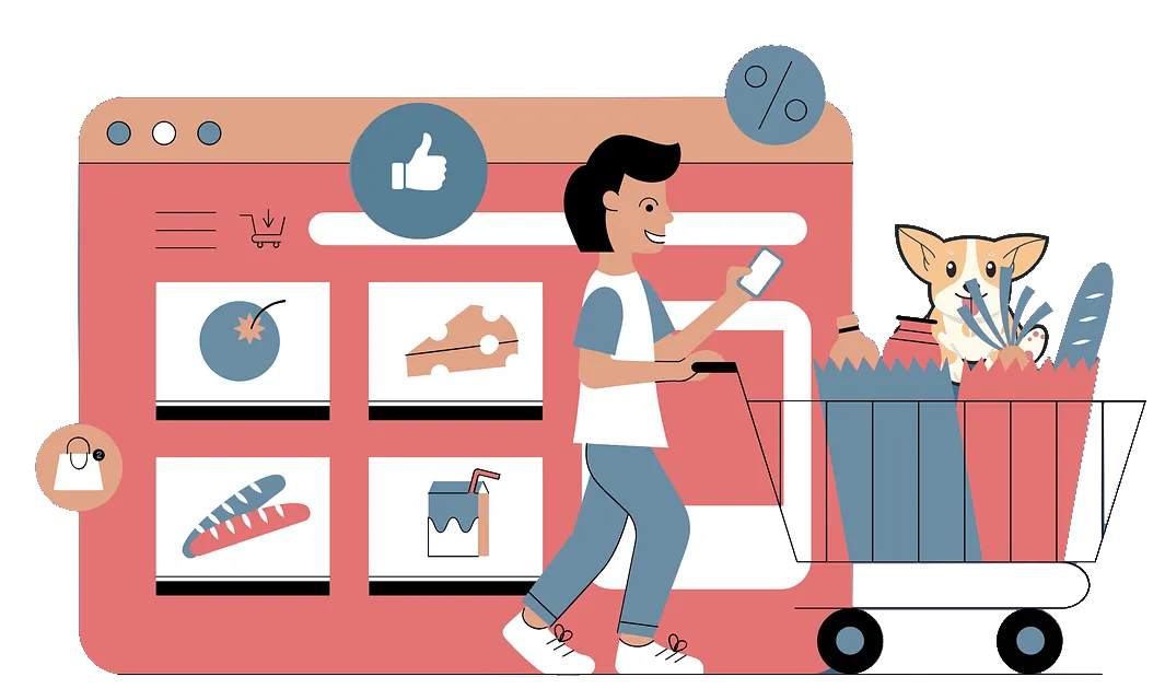 Customer shopping online with sales funnel and marketing funnel builder concept, showing lead generation, cart checkout, and engagement icons.