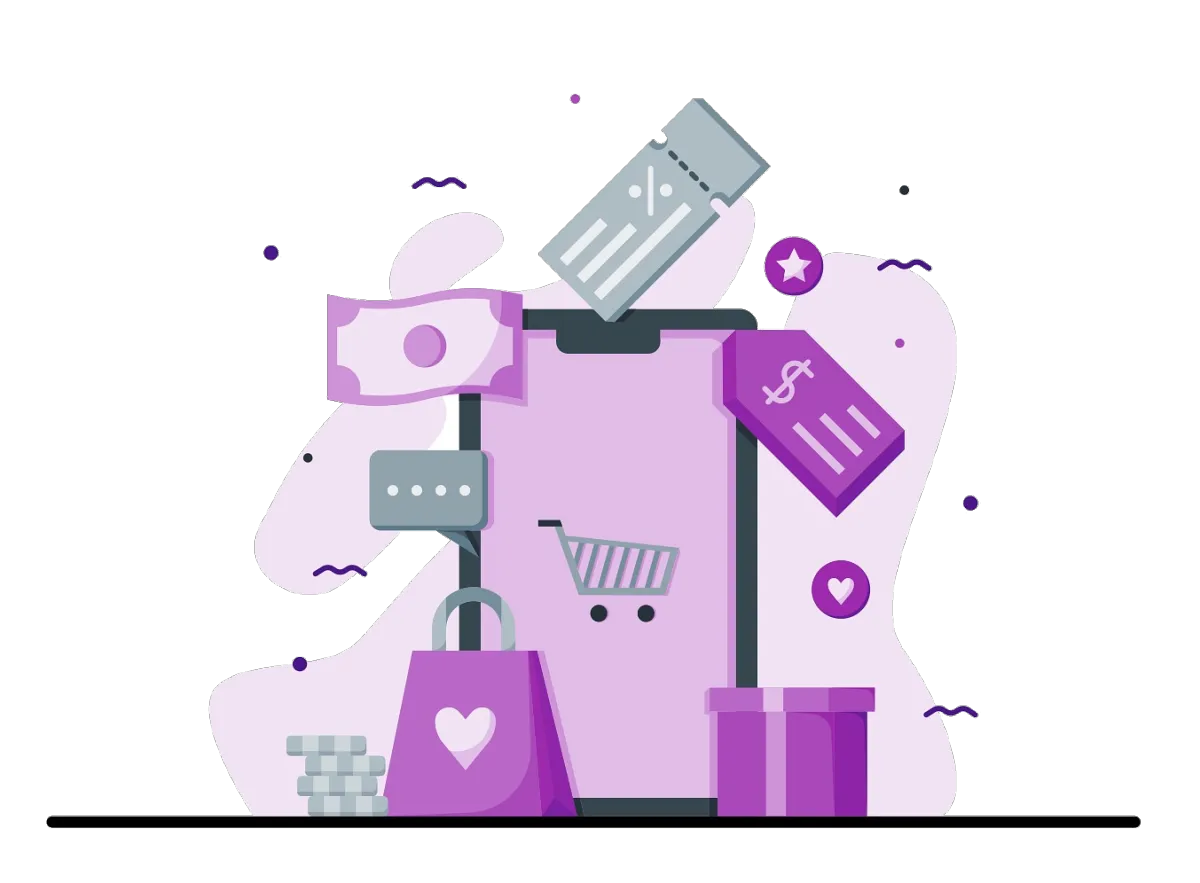 Mobile shopping and ecommerce illustration showing cart, payments, discounts, and gifts for sales funnels and lead generation marketing.