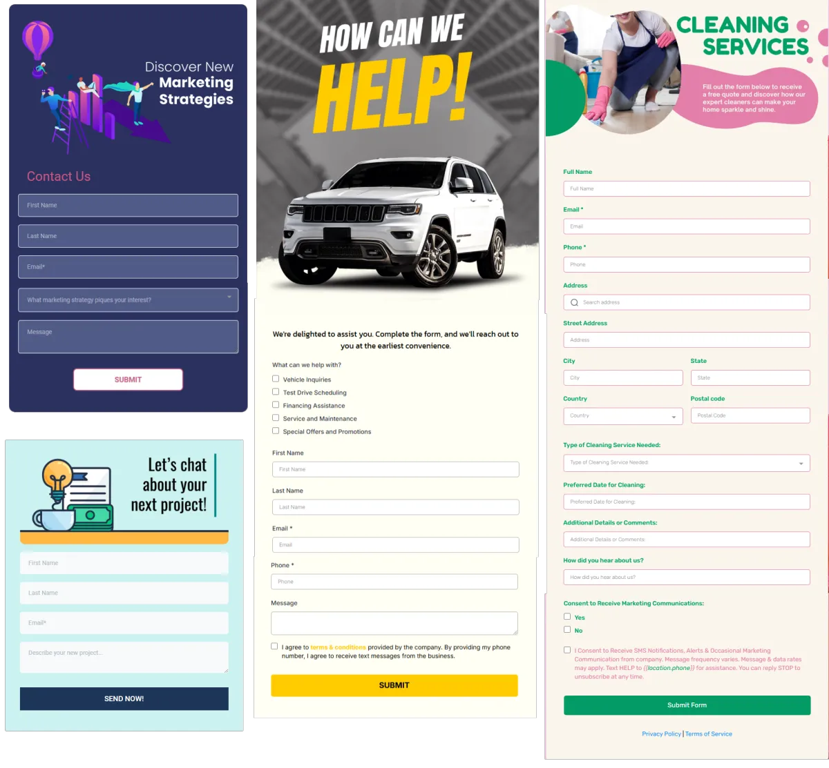 Examples of prebuilt form templates including contact forms, order forms, and service request forms, showcasing customizable online form creator options for businesses.