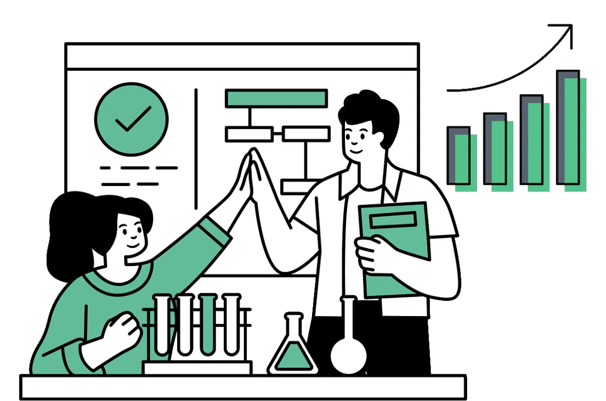 Illustration of two professionals celebrating success with charts and graphs, symbolizing advanced analytics and performance tracking for smart forms.